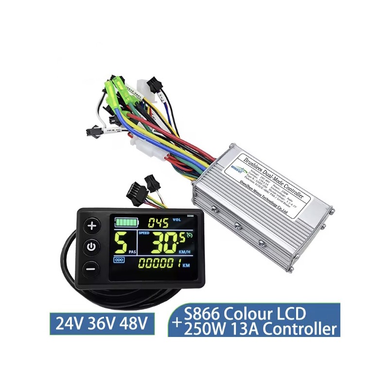 Kit Controlador e Display S866 para Bicicleta Elétrica - 24V, 36V, 48V - 250W, 350W, 500W, 13A, 15A, 22A  - 1 Controlador sem es